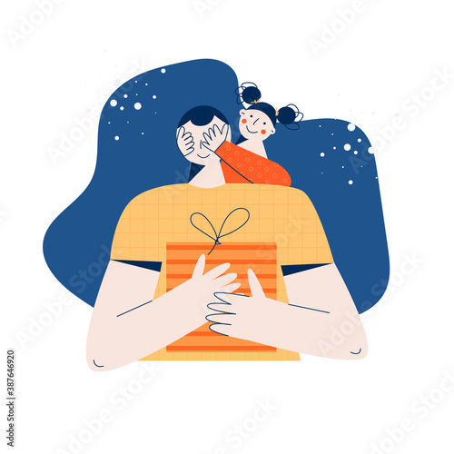 Hug character flat vector illustration. Trendy girl giving holiday gifts or presents to her dad. Scene with adorable happy daughter and father making surprises. Embracing family  isolated on white 
