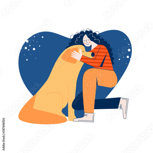 Hug day concept flat vector illustration. Happy woman embracing dog. Love animal, pet and owner. Winter color picture with girl, pooch and heart. Trendy cute cartoon characters isolated on white 