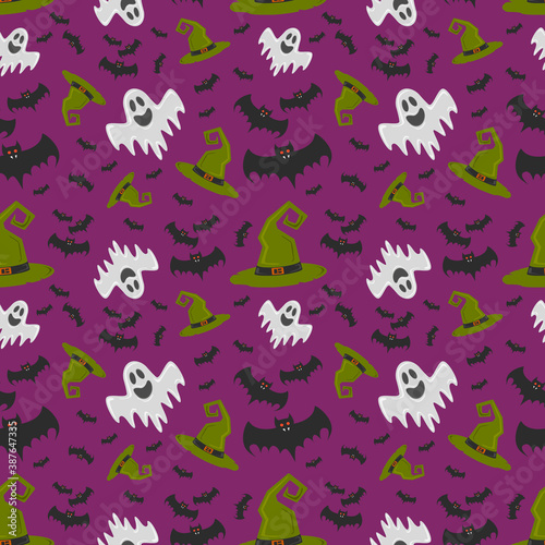 Pattern with ghost, bats and witch hat . Helloween.  illustration. or gift paper, textiles, clothes, social networks, wallpaper, prints, festive decor.