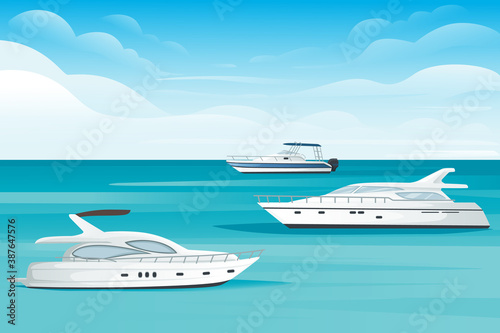 Motor yacht floating on the blue sea or ocean landscape summer day with cloud flat vector illustration © An-Maler