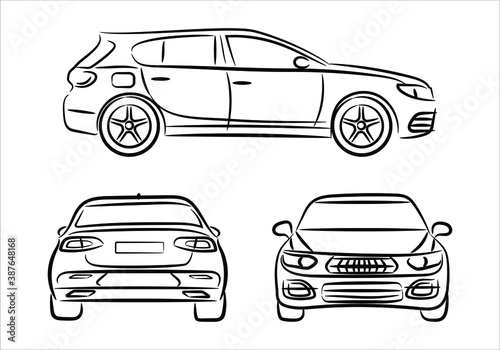 Modern car hatchback silhouette on white background. Vehicle icons set view from side, front and back