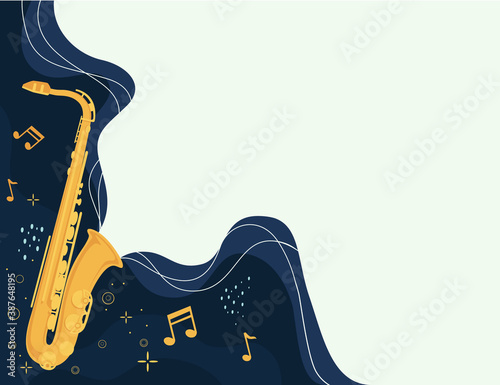 Saxophone musical instrument with flowing musical notes flat vector illustration