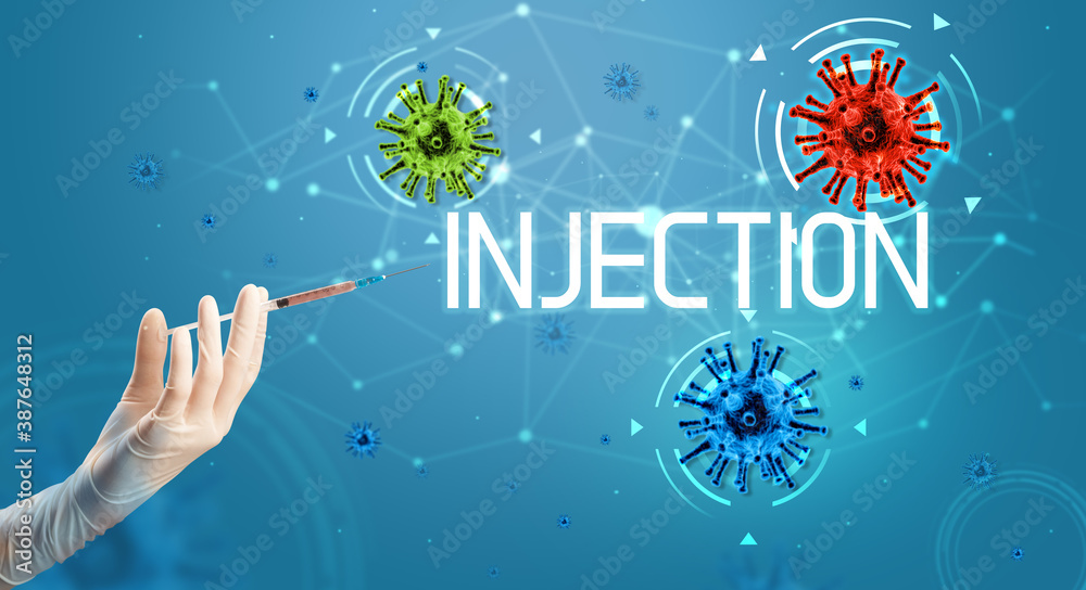 Syringe, medical injection in hand with INJECTION inscription, coronavirus vaccine concept