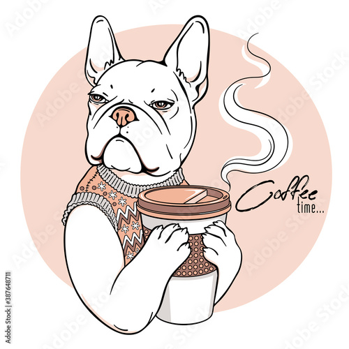 Cute cartoon french bulldog with a big cup of coffee. Coffee time illustration
