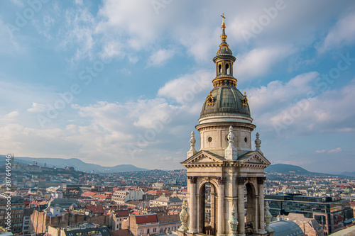 Panorama of city and close up of church tower. Budapest, Hungary.