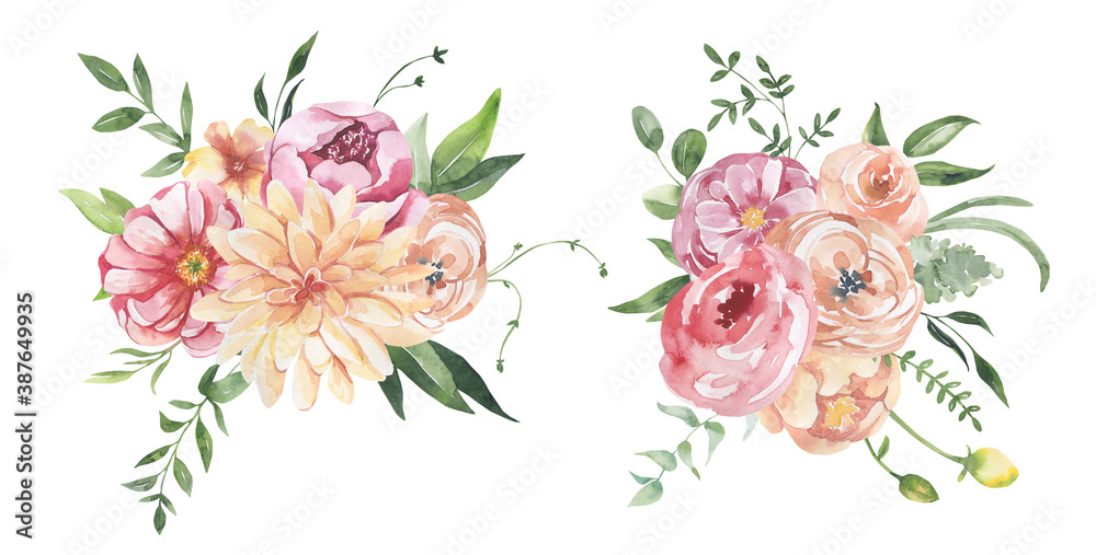 Fototapeta premium Watercolor floral illustration - leaves and branches frame with flowers and leaves for wedding stationary, greetings, wallpapers, background. Roses, green leaves. High quality illustration