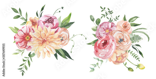 Watercolor floral illustration - leaves and branches frame with flowers and leaves for wedding stationary, greetings, wallpapers, background. Roses, green leaves. High quality illustration © Olesya Frolova
