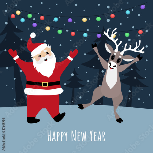 Vector image of cheerful santa claus and deer. Happy New Year. Design elements for cards, flyers, banners.