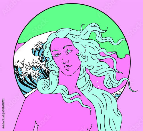 Modern vector line art Illustration of the Venus or Aphrodite Goddess  in doodle sketch style. Vaporwave style collage for poster or cover design.