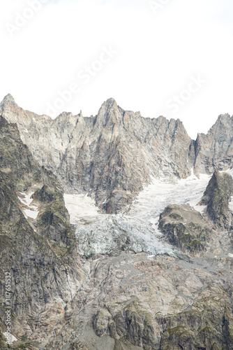 Close-up of a glacier in Italian alps (called "Planpincieux glacier") in Aosta Valley, Italy. The glacier is at risk of collapse due to global warming