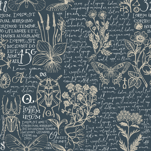 Seamless pattern with medicinal herbs, insects and handwritten text Lorem Ipsum. Vector hand-drawn herbs, beetles, butterflies on a dark background. Wallpaper, wrapping paper, fabric in retro style