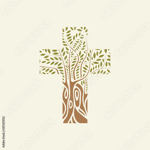 Concept of a Christian cross in the form of a tree on a light background. Decorative tree in the shape of a cross. Vector illustration, religious sign, icon, logo, emblem, design element.