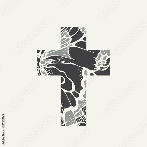 Sign of the Christian cross with the texture of a butterfly wing on a light background. Creative vector illustration, religious symbol, icon, logo, emblem, t-shirt design, print, design element