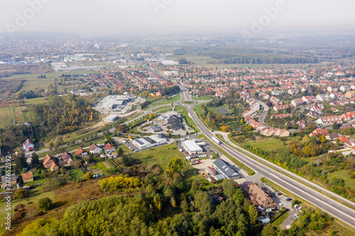 Drone photo of a roundabout in Csacs district on a foggy autumn morning in City Zalaegerszeg, Hungary © Gbor