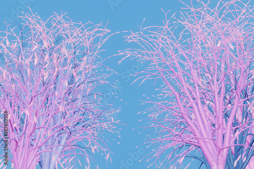 Fantastic blooming pink trees on blue background, 3d render
