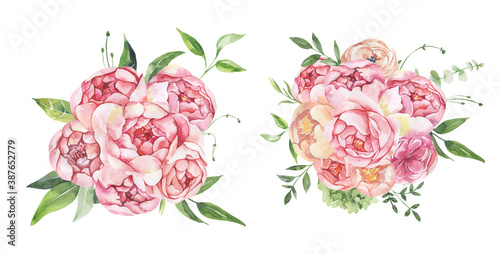 Watercolor floral illustration - leaves and branches frame with flowers and leaves for wedding stationary, greetings, wallpapers, background. Roses, green leaves. High quality illustration