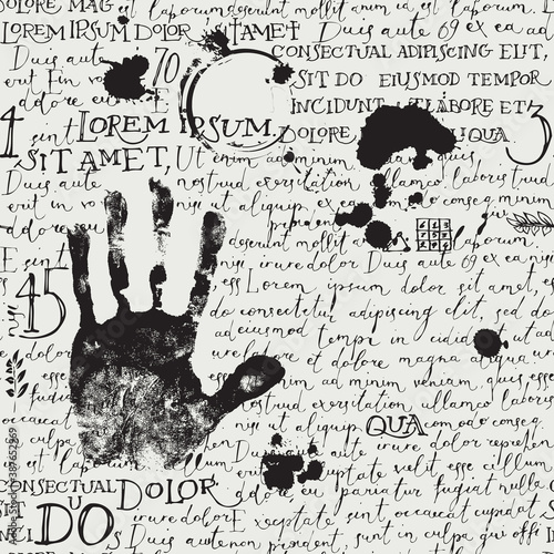 Abstract seamless pattern with black handwritten text Lorem Ipsum, blots and handprint on the old paper backdrop. Vector repeatable background in retro style, wallpaper, wrapping paper, fabric