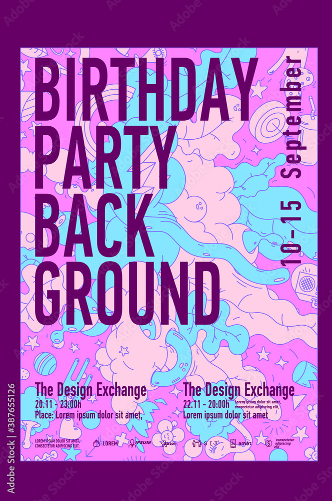 Fototapeta premium Poster or invitation. Birthday party. Colored painted backgrounds in doodle and cartoon style. Vector illustration. A4 