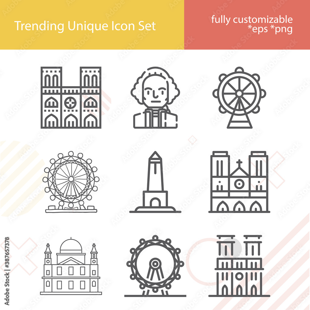 Simple set of national capital related lineal icons.