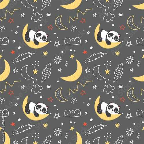 Seamless pattern with panda in the space