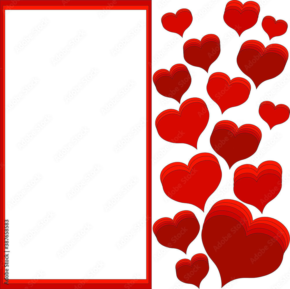 Frame for the inscription and beautiful bright Burgundy and red hearts on the side. Romantic vector. Congratulations to a dear person on a holiday, a Declaration of love. A white sheet or screen