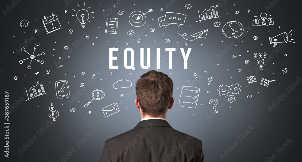 Rear view of a businessman with EQUITY inscription, modern business concept Rear view of a businessman with EQUITY inscription, modern business concept