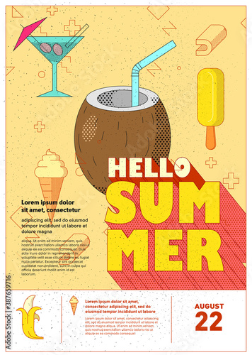 Poster summer time and rest. Flat style  linear graphics. Vector illustration. A4 