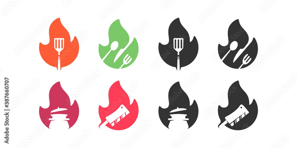 set of fire food negative space logo design