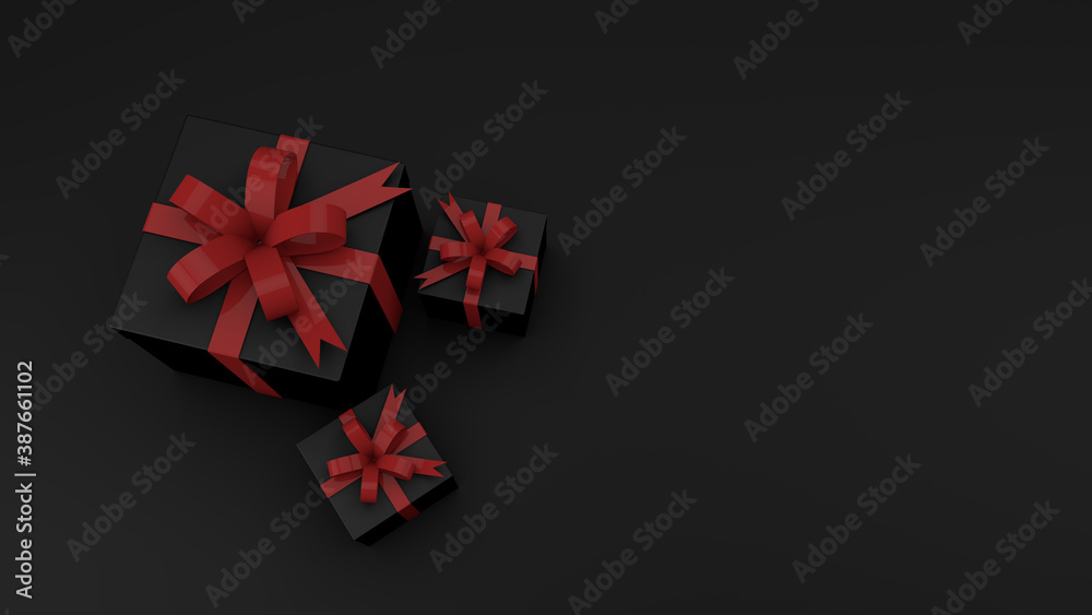 Black Friday sale flat lay with presents and red ribbon. 3d Render top view Black Friday sale flat lay with presents and red ribbon. 3d Render top view
