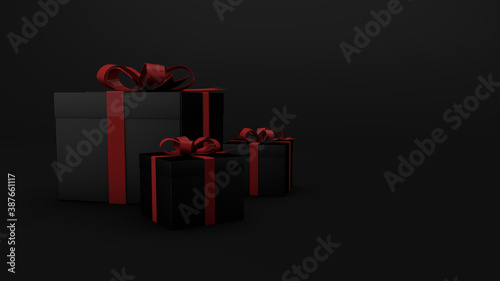 Black Friday sale flat lay with presents and red ribbon. 3d Render