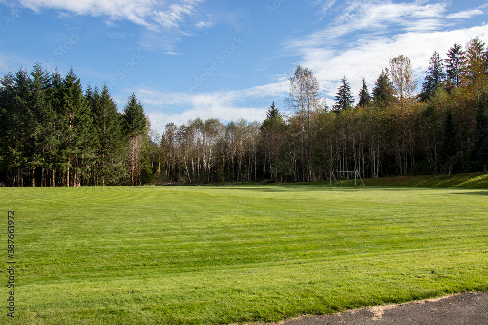 View of a soccer field at the entrance of local school in Sayward, Canada with mountains in the background