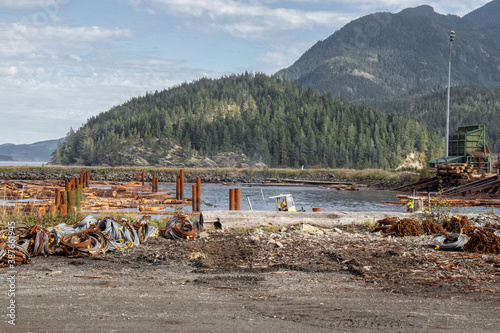 Logs ramp. Wooden logs of pine woods stacked in a pile in the village of Sayward in Canada with mountains in the background. Selective focus. photo