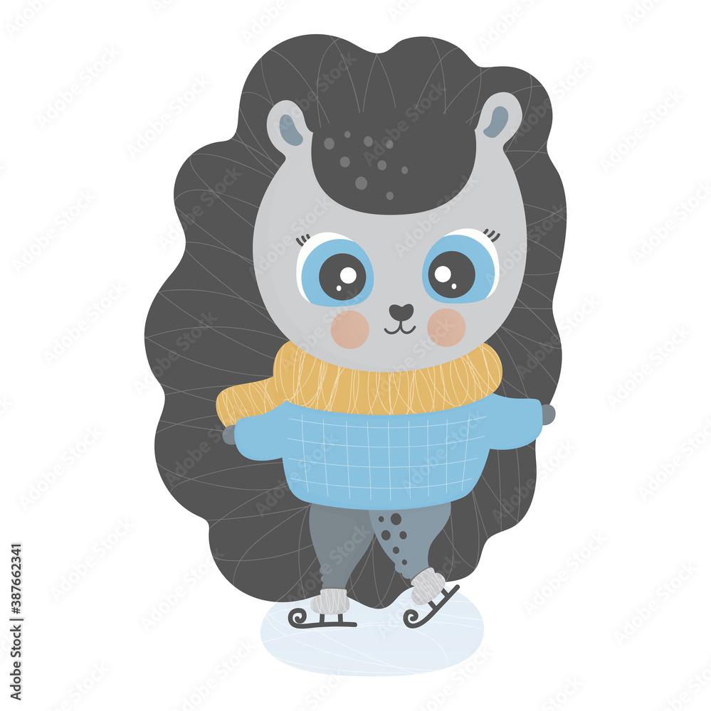 A cute little hedgehog wearing scarf and sweater is skating on ice. White background. Isolated toddler winter illustration with pet. Cartoon character for print, nursery, sticker, baby clothes. Vector A cute little hedgehog wearing scarf and sweater is skating on ice. White background. Isolated toddler winter illustration with pet. Cartoon character for print, nursery, sticker, baby clothes. Vector