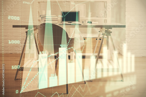 Multi exposure of financial graph drawing and office interior background. Concept of market analysis. © peshkova