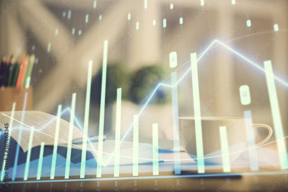 Multi exposure of forex graph drawing and desktop with coffee and items on table background. Concept of financial market trading Multi exposure of forex graph drawing and desktop with coffee and items on table background. Concept of financial market trading