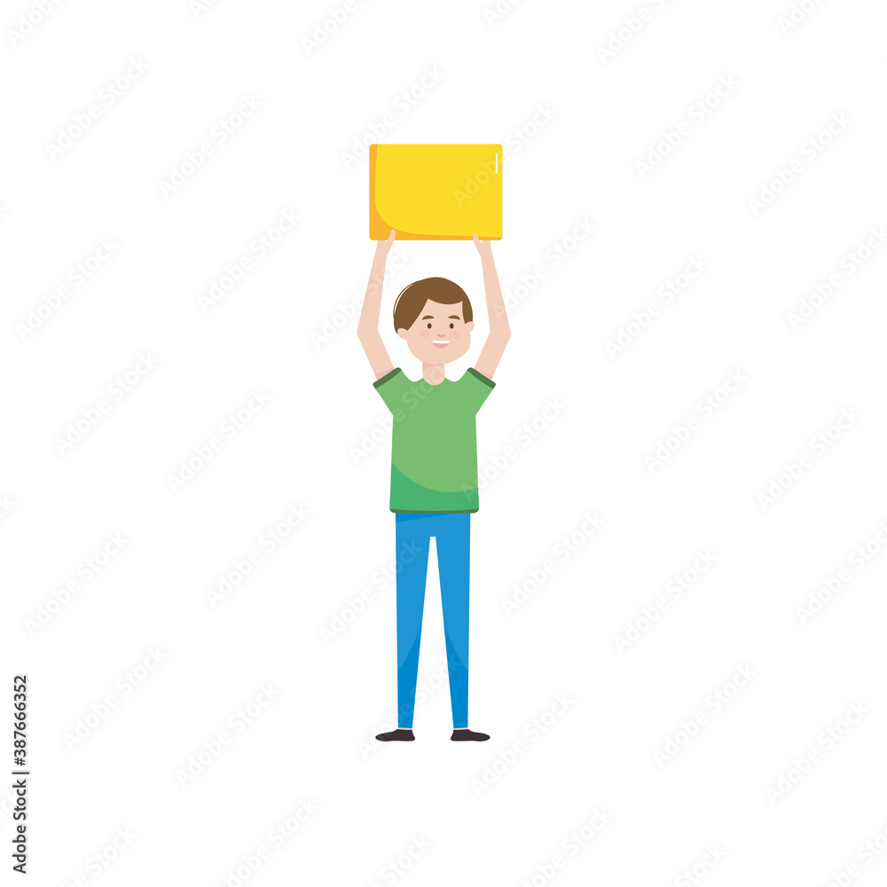 cartoon young man holding up a placard, flat style