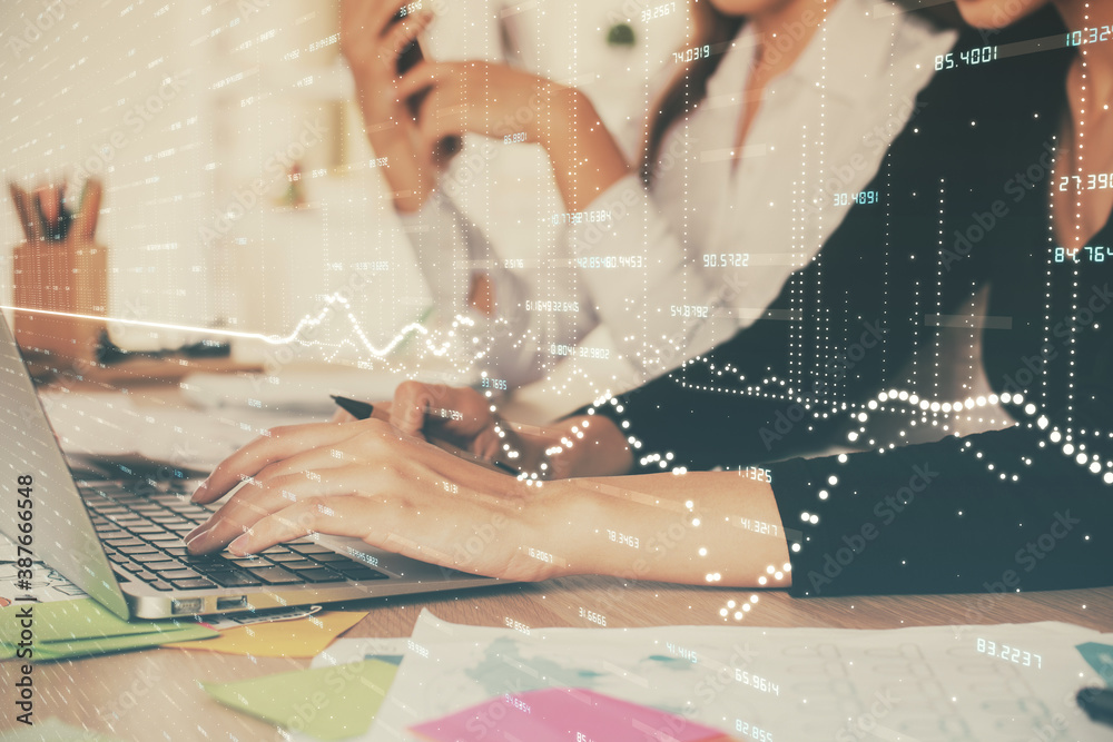 Multi exposure of woman hands typing on computer and financial graph hologram drawing. Stock market analysis concept. Multi exposure of woman hands typing on computer and financial graph hologram drawing. Stock market analysis concept.