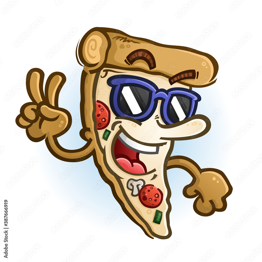 A cool and stylish slice of pizza cartoon character giving an enthusiastic peace gesture while wearing sun glasses A cool and stylish slice of pizza cartoon character giving an enthusiastic peace gesture while wearing sun glasses