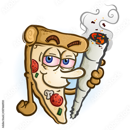 A hot delicious slice of pizza cartoon character holding a big rolled marijuana joint 