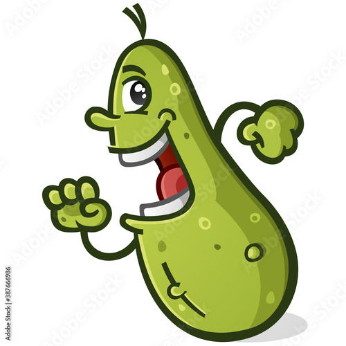 A cute excited pickle cartoon character on a brisk jog with a big smile