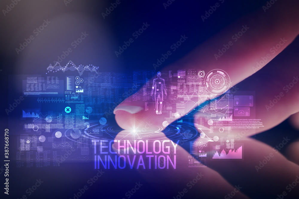 Finger touching tablet with web technology icons and TECHNOLOGY INNOVATION inscription Finger touching tablet with web technology icons and TECHNOLOGY INNOVATION inscription