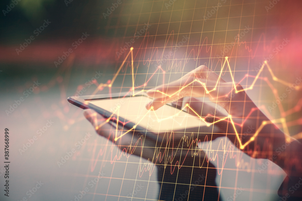 Double exposure of forex chart sketch hologram and woman holding and using a mobile device. Financial market concept. - obrazy, fototapety, plakaty 