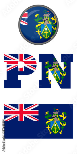 Pitcairn Islands flag icons on a white background. Vector image: flag, button, and abbreviation. You can use it to create a website, print brochures, booklets, flyers, and travel guides.