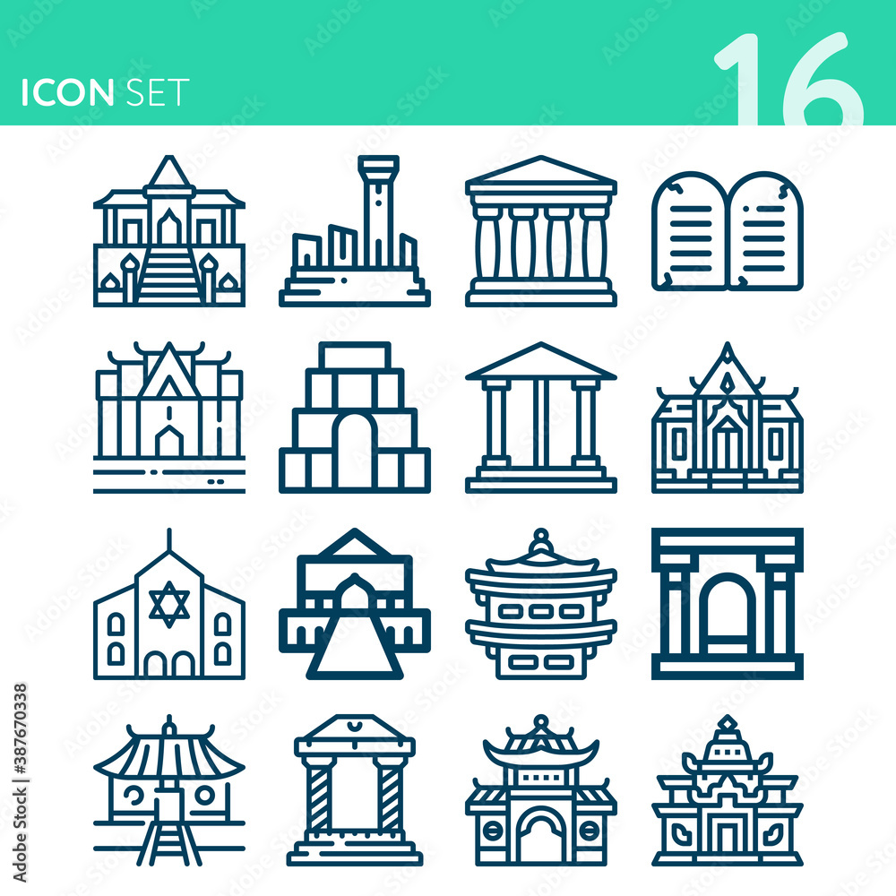 Simple set of 16 icons related to synagogue