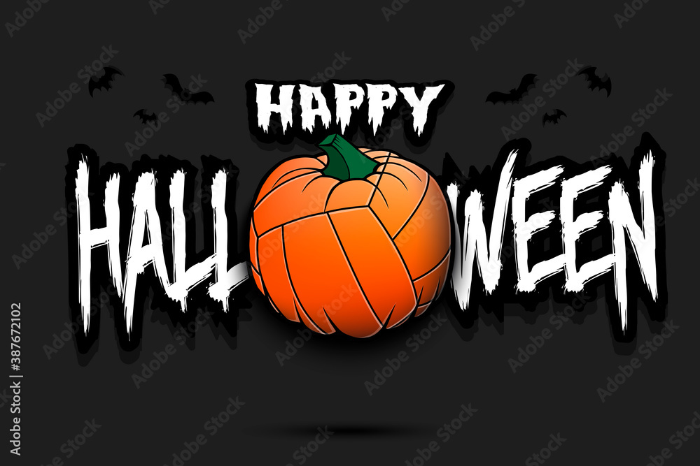 Happy Halloween. Template volleyball design. Volleyball ball in the form of a pumpkin on an isolated background. Pattern for banner, poster, greeting card, flyer, party invitation. Vector illustration