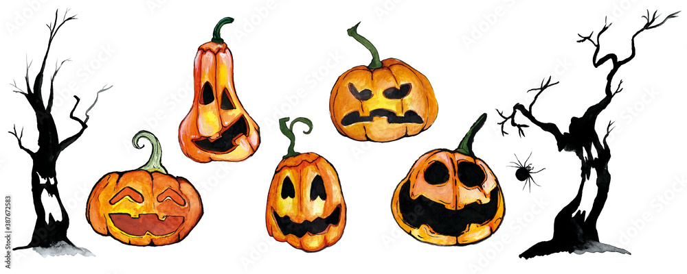 Five creepy halloween pumpkins with two black trees and spiders with white background. Hand painted watercolor graphic elements.