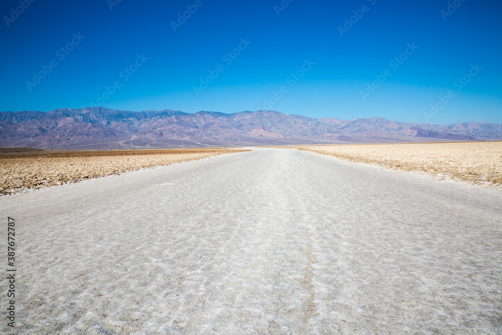 The salt bed of Badwater Basin, the lowest point in North America at -282 feet, in Death Valley National Park in California. The salt bed of Badwater Basin, the lowest point in North America at -282 feet, in Death Valley National Park in California.
