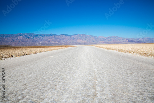 The salt bed of Badwater Basin, the lowest point in North America at -282 feet, in Death Valley National Park in California.