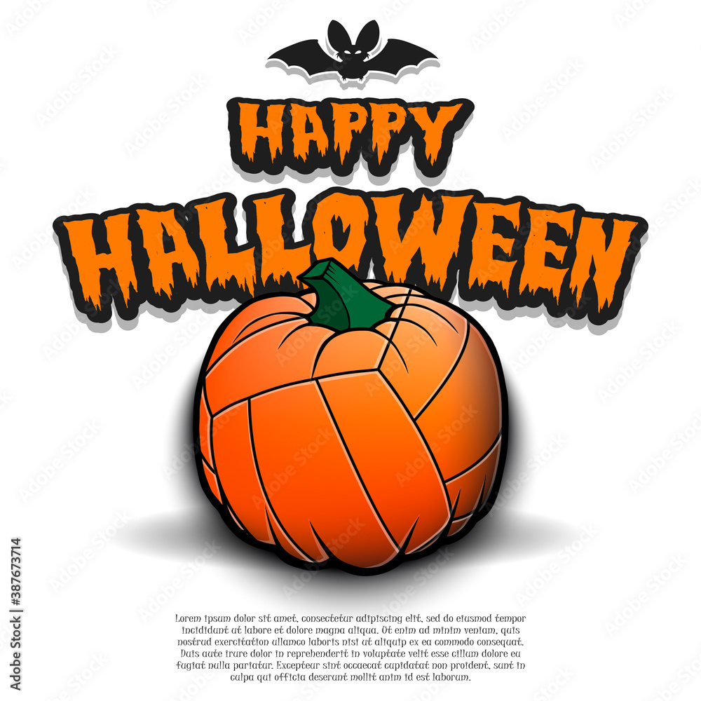 Fototapeta premium Happy Halloween. Template volleyball design. Volleyball ball in the form of a pumpkin on an isolated background. Pattern for banner, poster, greeting card, flyer, party invitation. Vector illustration