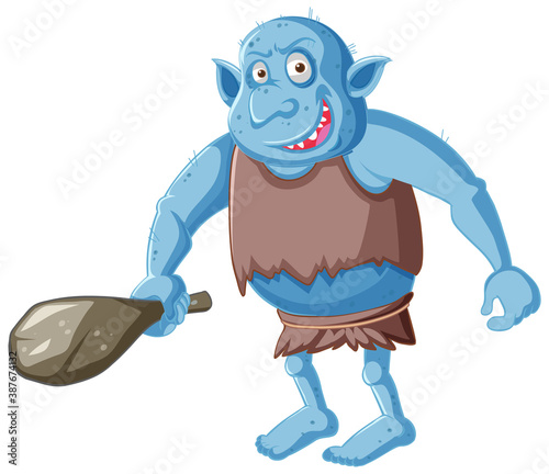 Blue goblin or troll holding hunting tool in cartoon character isolated